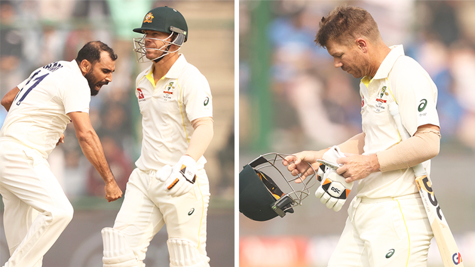 David Warner (pictured left) out after being dismissed by Mohammed Shami and (pictured right) Warner frustrated.