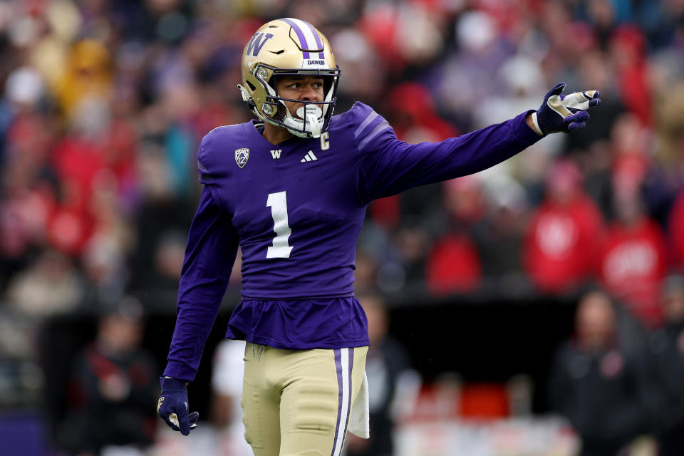 Washington wide receiver Rome Odunze joins D.J. Moore and Drake Maye in this 2024 NFL mock draft. (Photo by Steph Chambers/Getty Images)