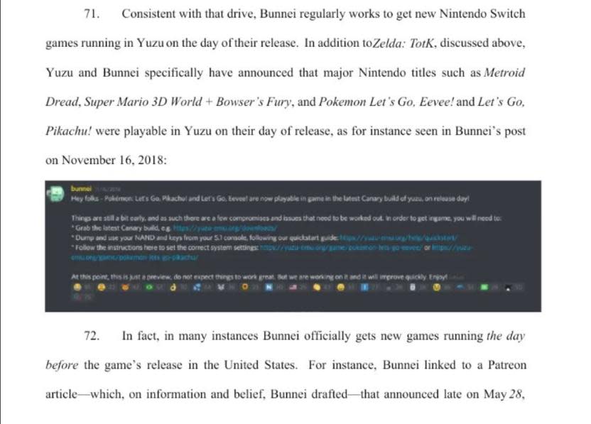 En este fragmento, Nintendo asegura que los devs de Yuzu tenían acceso a los juegos antes de su lanzamiento oficial.