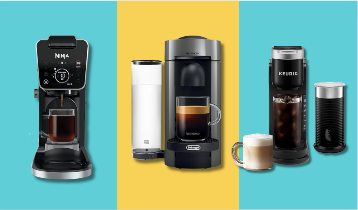 Three single-serve coffee machines against a blue and yellow background.