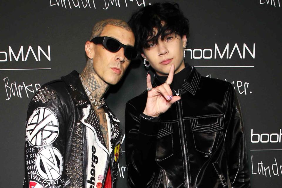 <p>Phillip Faraone/Getty </p> Travis Barker and Landon Barker attend the boohooMAN x Landon Barker launch party in 2022 in Los Angeles, California.