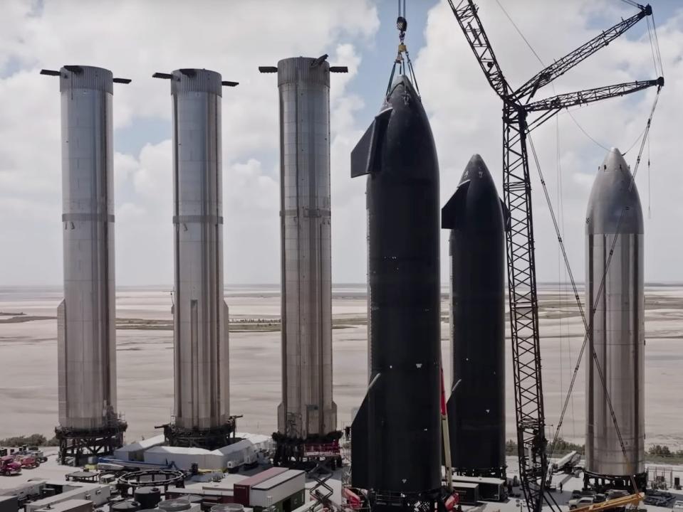 Several parts of the SpaceX Starship from a video about its preparations to launch a second test flight