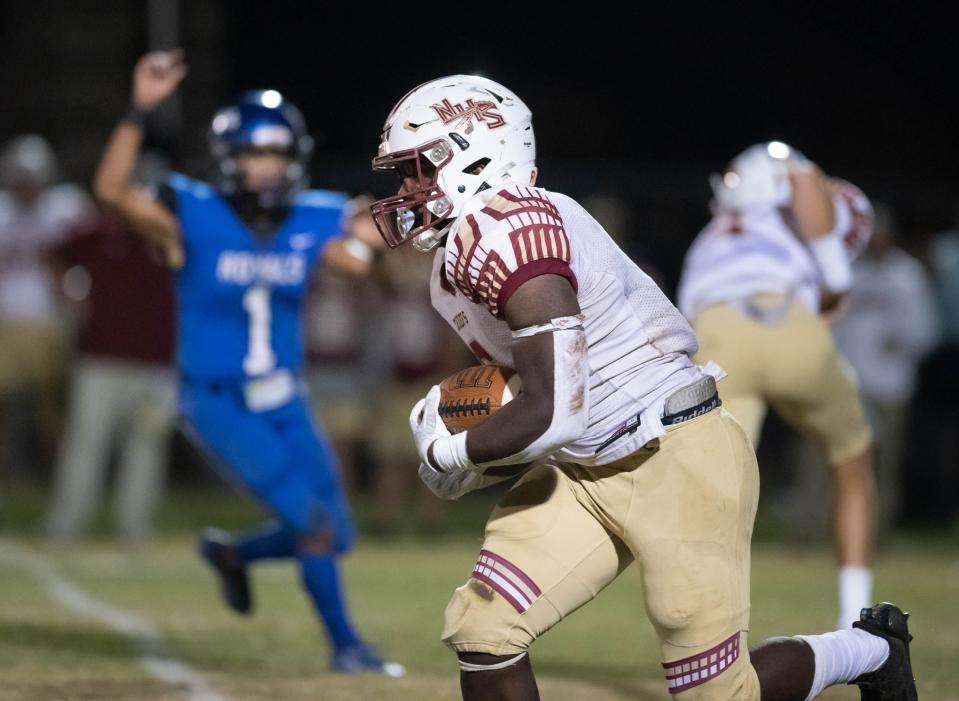 Jamarkus Jefferson (6) carries the ball during the Northview vs Jay football game at Jay High School in Jay on Friday, Oct. 14, 2022.