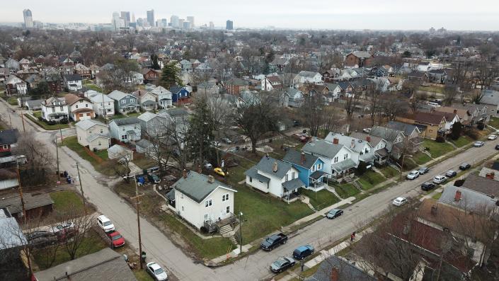 The affordable-housing crisis in Columbus is evident in the Driving Park neighborhood where there is a mix of renovated housing next to houses that need repairs. In this view, E. Columbus St. is at left and Miller Avenue is at the bottom of the frame.