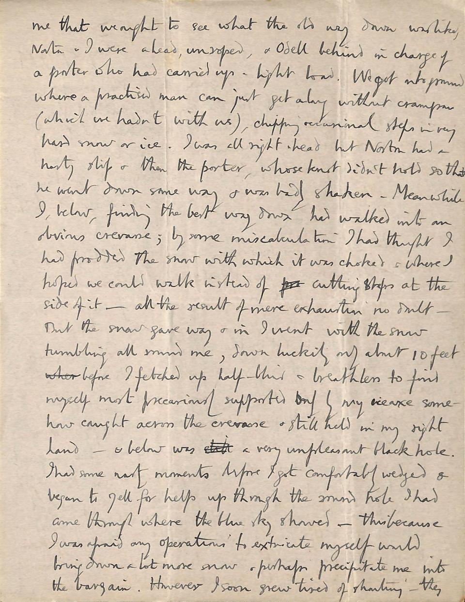 This is an undated photo provided by Magdalene College Cambridge on Monday, April 22, 2024 of part of the final letter that mountaineer George Mallory wrote to his wife before he vanished on Mount Everest a century ago. The letter has been digitalized. The letter was published on Monday by Mallory's Cambridge University college. In it, he tried to ease her worries though he said his chances of reaching the world’s highest peak were “50 to 1 against us.” (Reproduced with Permission of the Master and Fellows of Magdalene College, Cambridge via AP)