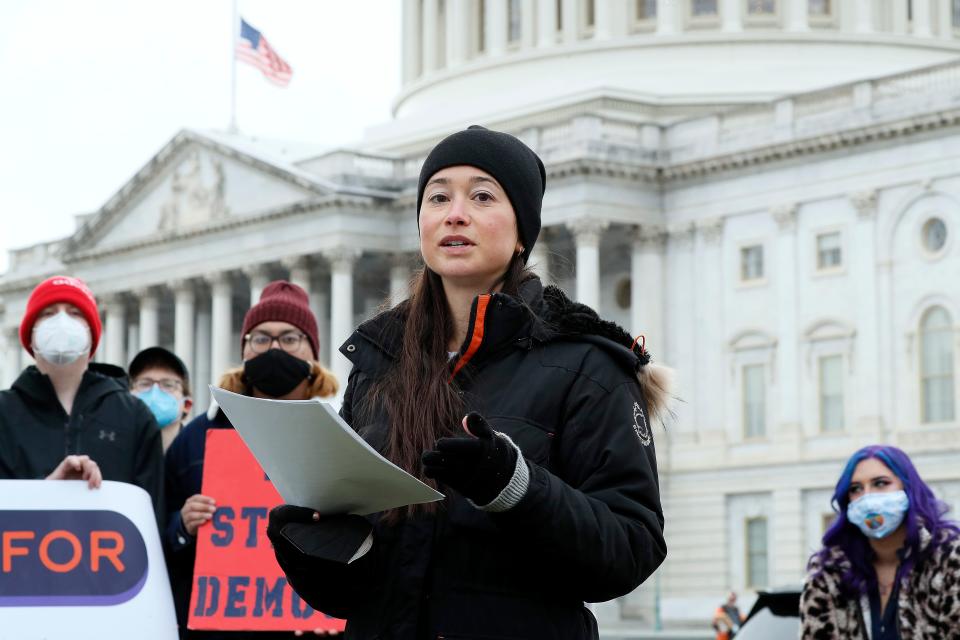 Shana Gallagher of Un-PAC joined other hunger strikers and activists at a Jan. 13, 2022 press conference in front of the U.S. Capitol to demand that the Senate pass voting rights legislation.