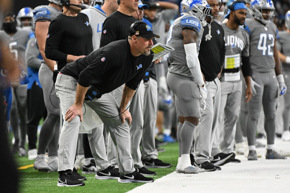 DETROIT, MI - NOVEMBER 24: Detroit Lions head coach Dan Campbell watches the offense near the goal line during to the Detroit Lions versus the Buffalo Bills game on Thursday November 24, 2022 at Ford Field in Detroit, MI. (Photo by Steven King/Icon Sportswire via Getty Images)
