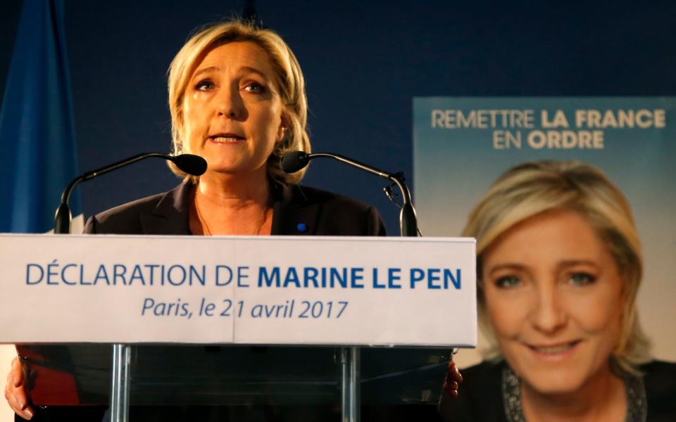 Far-right leader and candidate for the presidential election Marine Le Pen speaks in Paris - Credit: AP Photo/Michel Euler