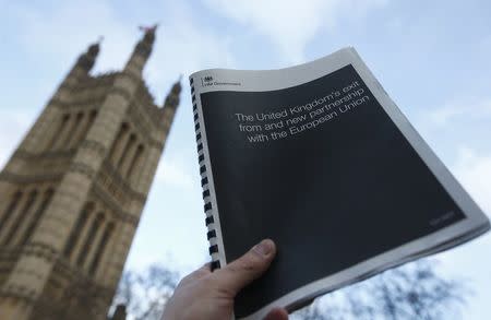 An illustration shows the white paper setting out Britain's government statergy for departing the European Union, outside Parliament, in London, Britain February 2, 2017. REUTERS/Peter Nicholls