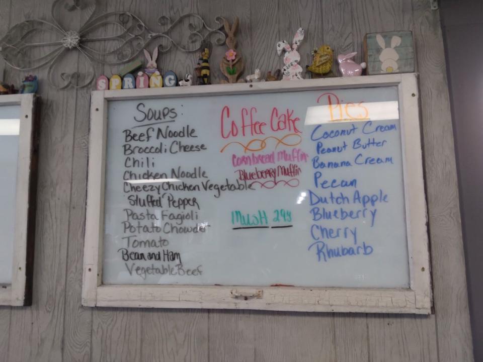 The list of soups, pies and coffee cakes is displayed on a whiteboard at Rosalie's Restaurant in Strasburg. There's mush, too.