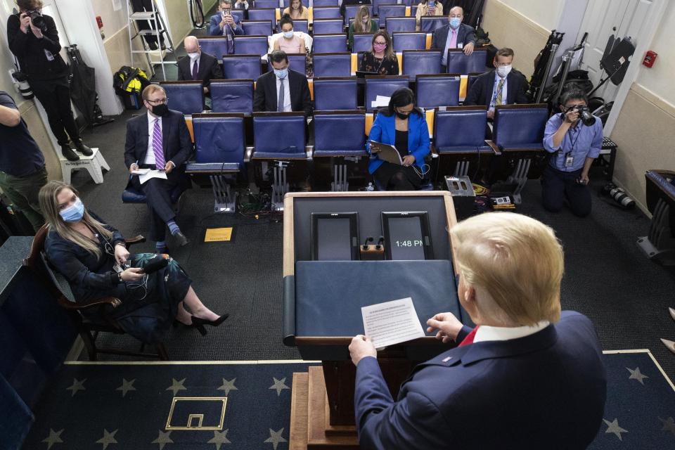 President Donald Trump arrives to speak with reporters about the coronavirus in the James Brady Press Briefing Room of the White House, Friday, May 22, 2020, in Washington. (AP Photo/Alex Brandon)