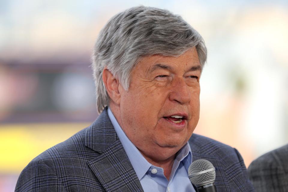 FOX Sports NASCAR play-by-play announcer Mike Joy speaks during the a press conference before last week's Busch Light Clash.