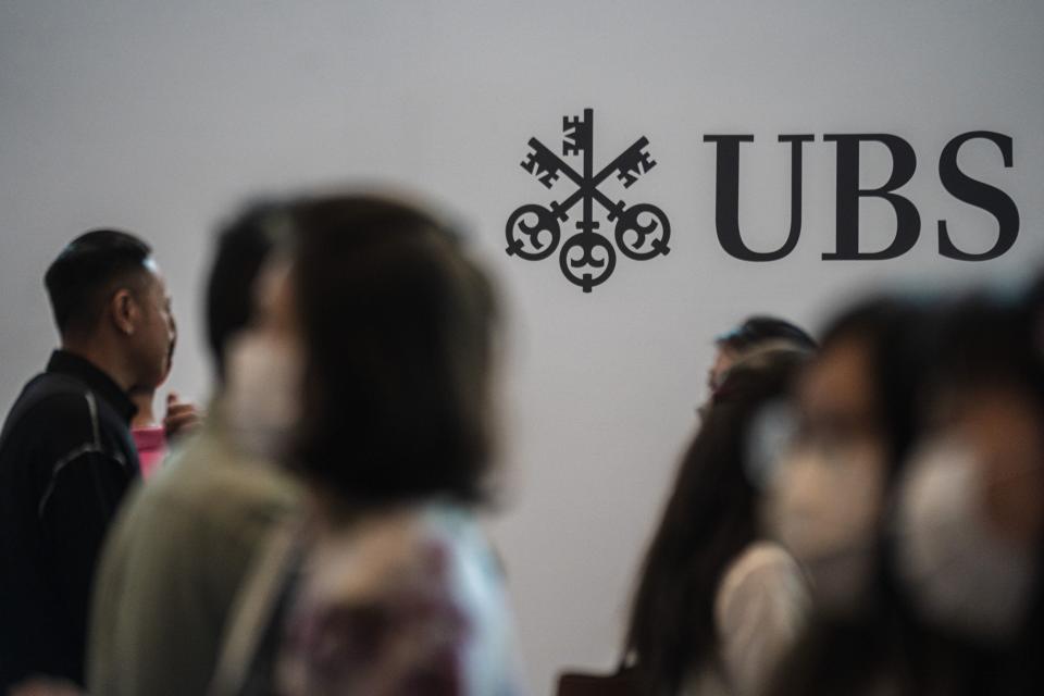 The UBS Group AG logo at Art Basel in Hong Kong, China, on Thursday, March 23, 2023. Photographer: Lam Yik/Bloomberg