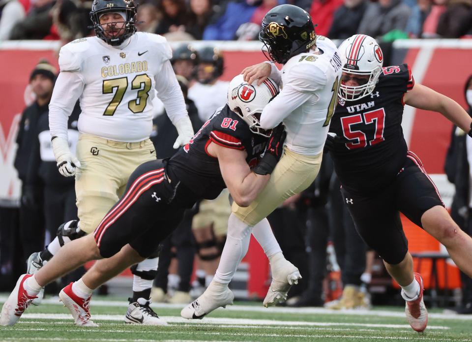 Utah Utes defensive end Connor O’Toole (81) and Utah Utes defensive tackle Keanu Tanuvasa (57) hurry Colorado Buffaloes quarterback Ryan Staub (16) in Salt Lake City on Saturday, Nov. 25, 2023. | Jeffrey D. Allred, Deseret News