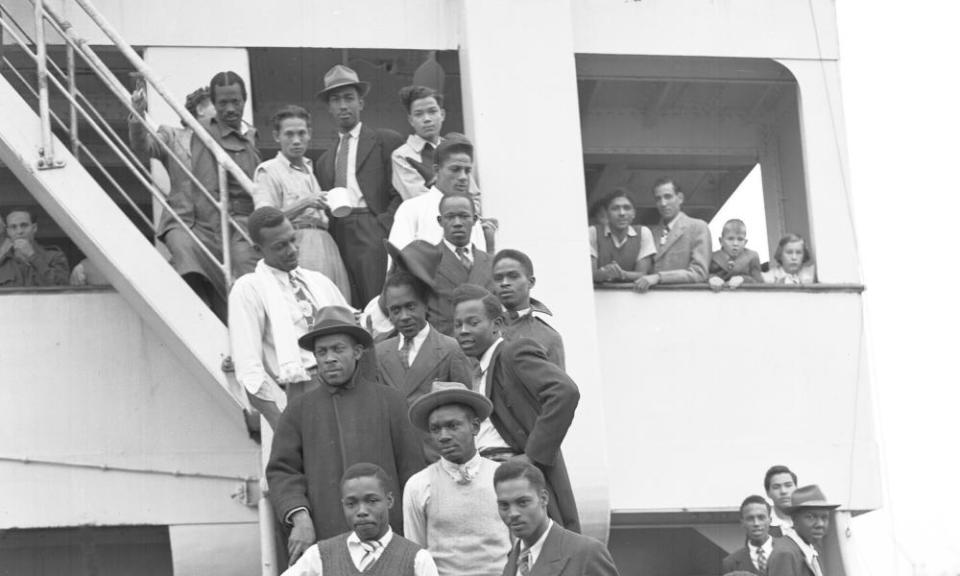 Passengers on the Empire Windrush after it arrived at Tilbury Docks on 22 June, 1948.