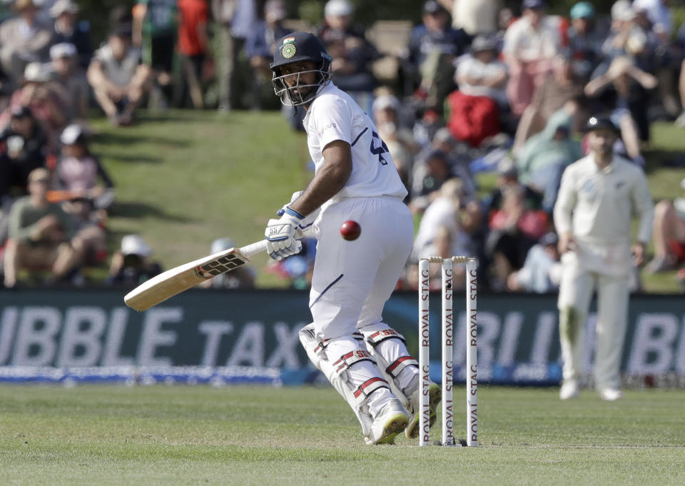 India's Hanuma Vihari bats during play on day one of the second cricket test between New Zealand and India at Hagley Oval in Christchurch, New Zealand, Saturday, Feb. 29, 2020. (AP Photo/Mark Baker)