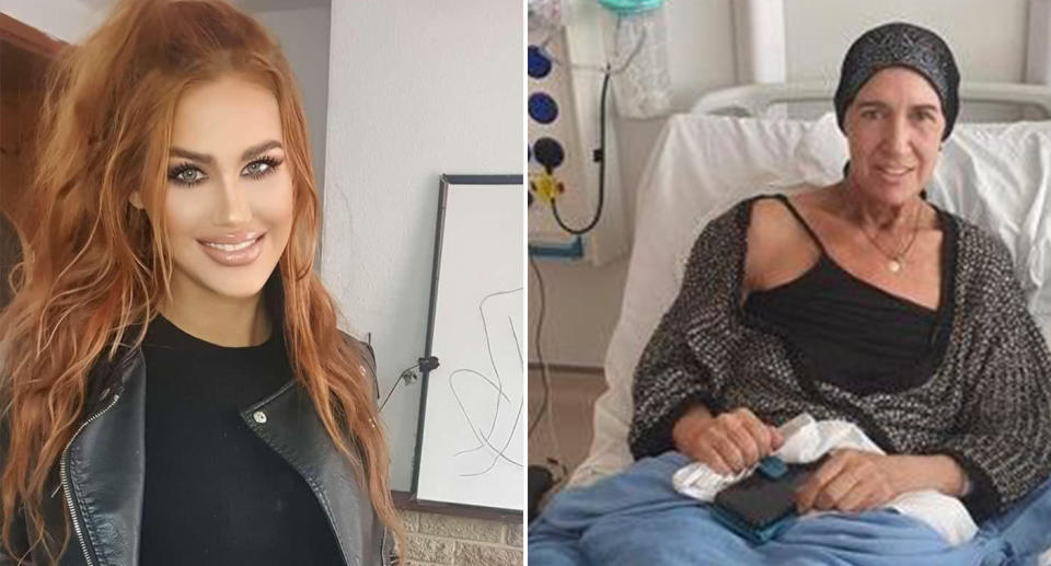 Kimberley Findeis-Sparkes with her long red hair and a leather jacket. Kimberley's mum in hospital receiving cancer treatment.