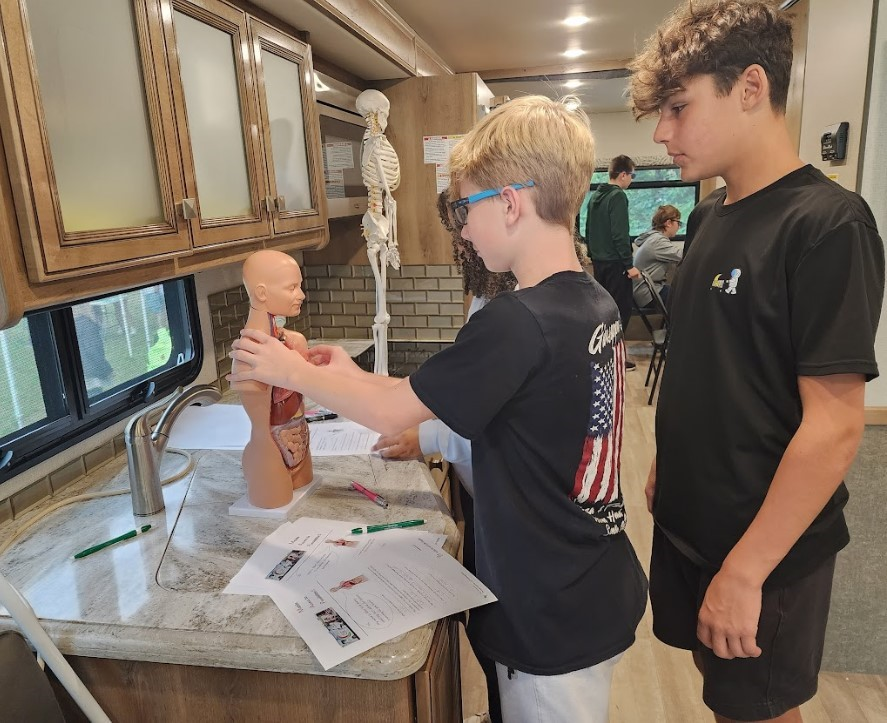 Students explore a human anatomy model during a recent visit from the Mobile Access to Possibilities (MAPs) vehicle.