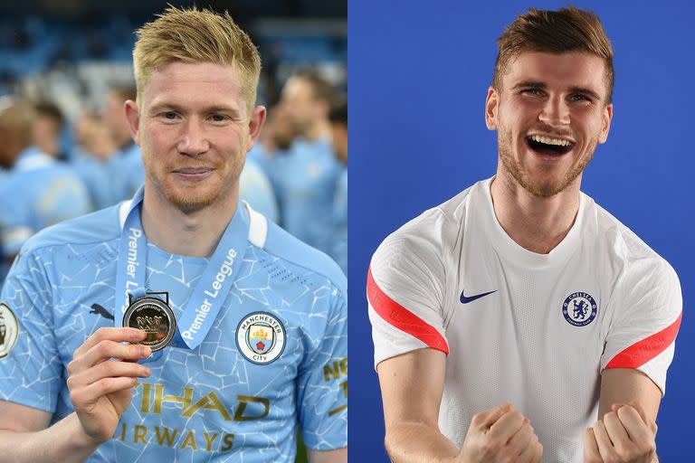 El belga Kevin De Bruyne, astro de Manchester City, y el alemán Timo Werner, goleador de Chelsea.