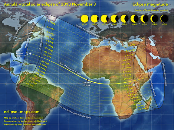 This overview map of the Nov. 3, 2013 annular and total solar eclipse, a hybrid solar eclipse, shows the path of the event. Cartographer Michael Zeiler of <a href="http://eclipse-maps.com/" rel="nofollow noopener" target="_blank" data-ylk="slk:Eclipse-Maps.com;elm:context_link;itc:0;sec:content-canvas" class="link ">Eclipse-Maps.com</a> created this map.