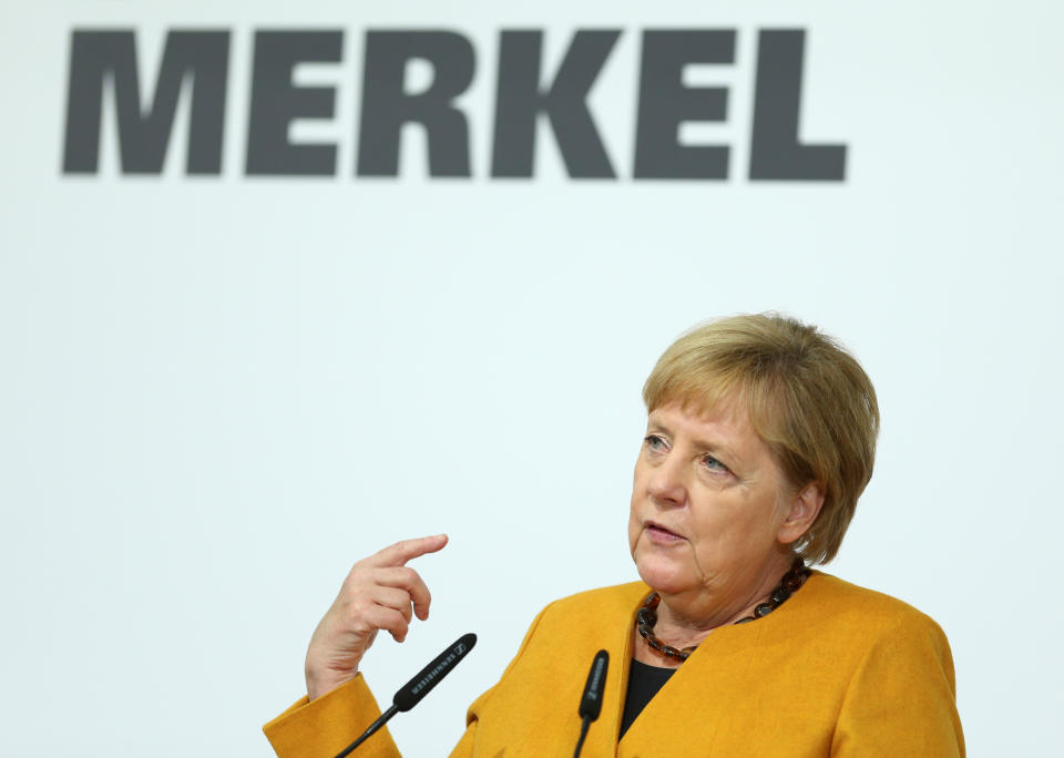 German Chancellor Angela Merkel speaks during her visit of Herrenknecht AG in Schwanau, Germany, October 7, 2019.  REUTERS/Ralph Orlowski