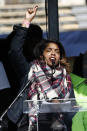 Rukia Lumumba, of the People's Advocacy Institute, leads rally attendees in a chant to "close it down," during a mass gathering, Friday, Jan. 24, 2020, at the Mississippi Capitol in Jackson, Miss., protesting dangerous and unhealthy prison conditions within the state prison system. A number of inmates have been killed in violent clashes in recent weeks at those facilities. (AP Photo/Rogelio V. Solis)