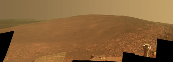 This image from NASA's Opportunity rover shows the "Murray Ridge" portion of the western rim of Endeavour Crater on Mars. The ridge was named in honor of the late Bruce Murray, a pioneering planetary geologist and former director of NASA's Jet