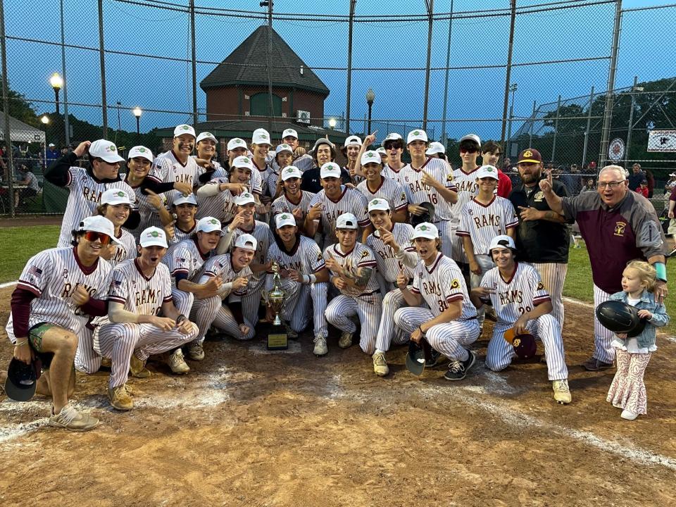 The Gloucester Catholic High School baseball team celebrates after winning the 49th annual Joe Hartmann Diamond Classic on Wednesday, May 17, 2023. The Rams defeated Delsea 11-2 to capture their first championship since 2001.