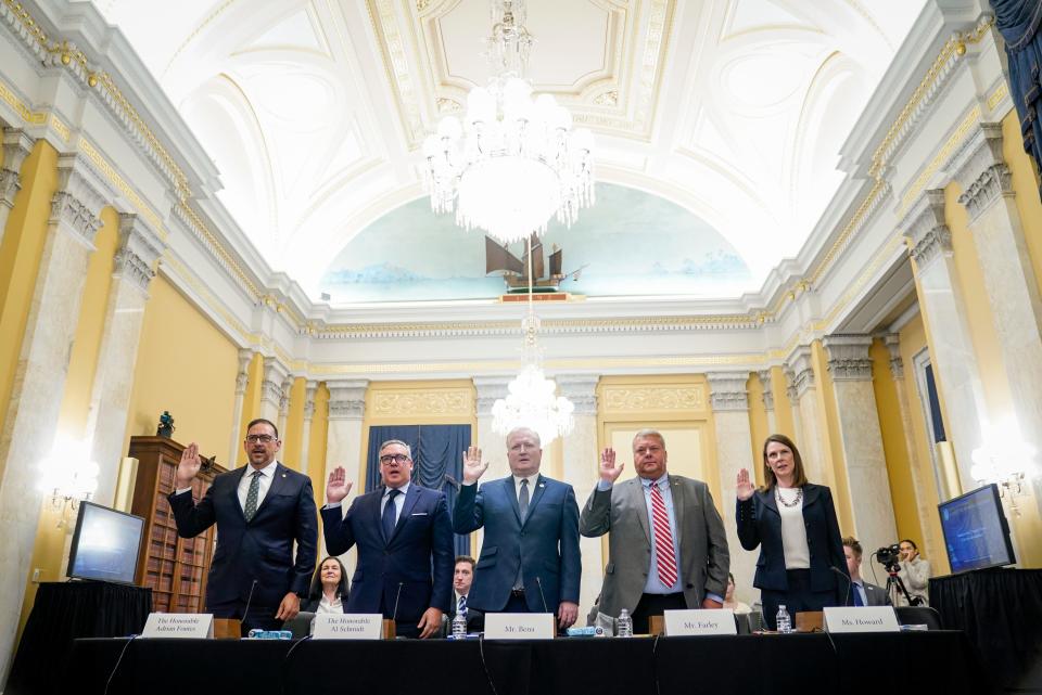 Senate Rules and Administration hearing to examine ongoing threats to election administration with witnesses Adrian Fontes, Arizona Secretary Of State, left, Al Schmidt, Secretary Of The Commonwealth, Pennsylvania Department Of State, second from left, Wayne J. Bena, Deputy Secretary Of State For Elections, Nebraska, center, J. Alan Farley, Administrator Of Elections, Rutherford County Election Commission, Murfreesboro , TN, second from right, and Elizabeth Howard, Deputy Director Of The Elections And Government Program, Democracy, Brennan Center For Justice, Washington, DC, right, held on Wednesday, Nov. 1, 2023. in Washington, D.C.