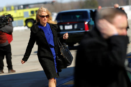 White House Senior Advisor Kellyanne Conway walks to board Air Force One at Detroit Metropolitan Wayne County Airport in Detroit, Michigan, U.S. March 15, 2017. REUTERS/Jonathan Ernst