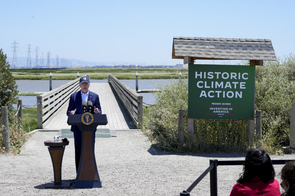 President Joe Biden speaks at the Lucy Evans Baylands Nature Interpretive Center and Preserve in Palo Alto, Calif., Monday, June 19, 2023. Biden talked about climate change, clean energy jobs and protecting the environment. (AP Photo/Susan Walsh)