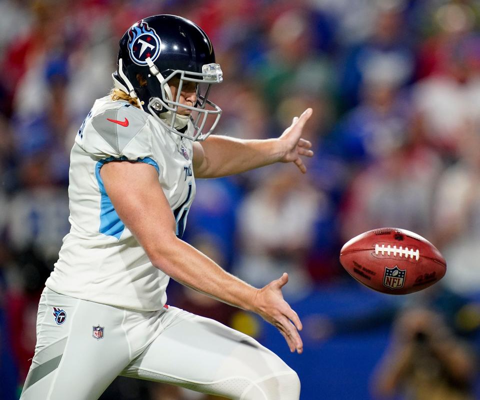 Tennessee Titans punter Ryan Stonehouse (4) punt during the second quarter against the Buffalo Bills at Highmark Stadium Monday, Sept. 19, 2022, in Orchard Park, N.Y.