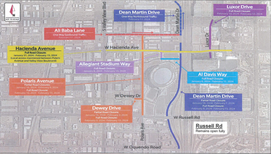 A list of proposed road closures around Allegiant Stadium for Super Bowl LVIII. (NFL)