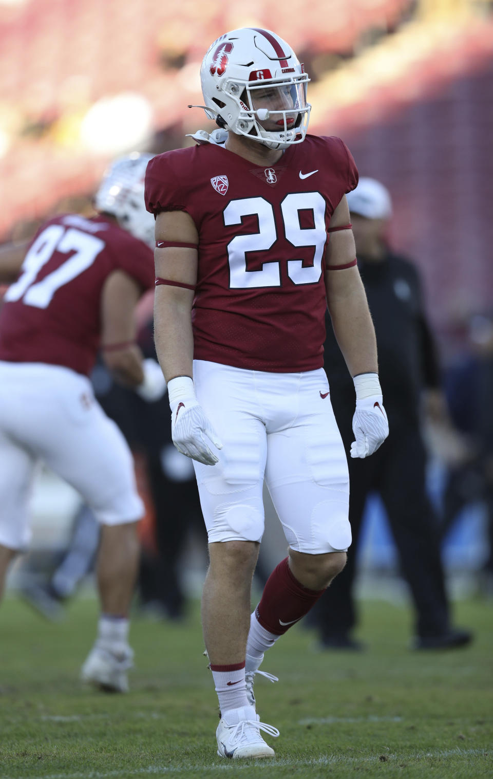 FILE - Stanford's Spencer Jorgensen (29) looks on before an NCAA college football game against California in Stanford, Calif., Nov. 20, 2021. Stanford has embraced bringing in players such as Jorgensen after their two-year Mormon missions, valuing their life experience. (AP Photo/Jed Jacobsohn, File)