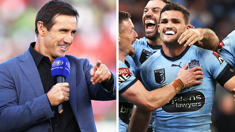 Nathan Cleary (pictured right) celebrating a try in State of Origin Game 2 and (pictured left) Andrew Johns during commentary.