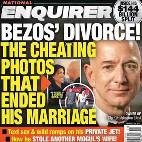 National Enquirer issue published 10th January, 2019, featuring pictures of Jeff Bezos and news anchor Lauren Sanchez.