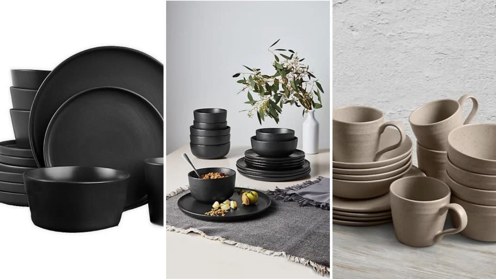 Left to right: <a href="https://fave.co/3AAwgjB" rel="noopener" target="_blank" data-ylk="slk:Stone Lain 16-piece dinnerware set;elm:context_link;itc:0;sec:content-canvas" class="link rapid-noclick-resp">Stone Lain 16-piece dinnerware set</a>; <a href="https://fave.co/3hzQWje" rel="noopener" target="_blank" data-ylk="slk:16-piece black-on-black speckled dinnerware set;elm:context_link;itc:0;sec:content-canvas" class="link rapid-noclick-resp">16-piece black-on-black speckled dinnerware set</a>; <a href="https://fave.co/3xhV8L4" rel="noopener" target="_blank" data-ylk="slk:16-piece Millbrook dinnerware set;elm:context_link;itc:0;sec:content-canvas" class="link rapid-noclick-resp">16-piece Millbrook dinnerware set</a>. Credit: Bed Bath & Beyond