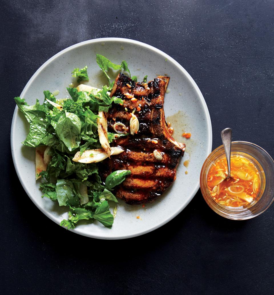 Habanero-Marinated Pork Chops with Mustard Greens Slaw