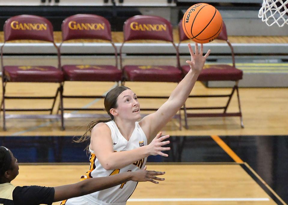 Gannon University's Samantha Pirosko scores against West Virginia State during an NCAA Division II women's basketball Atlantic Regional quarterfinal game at the Hagerty Family Events Center in Erie on March 15, 2024. Gannon won 73-53.