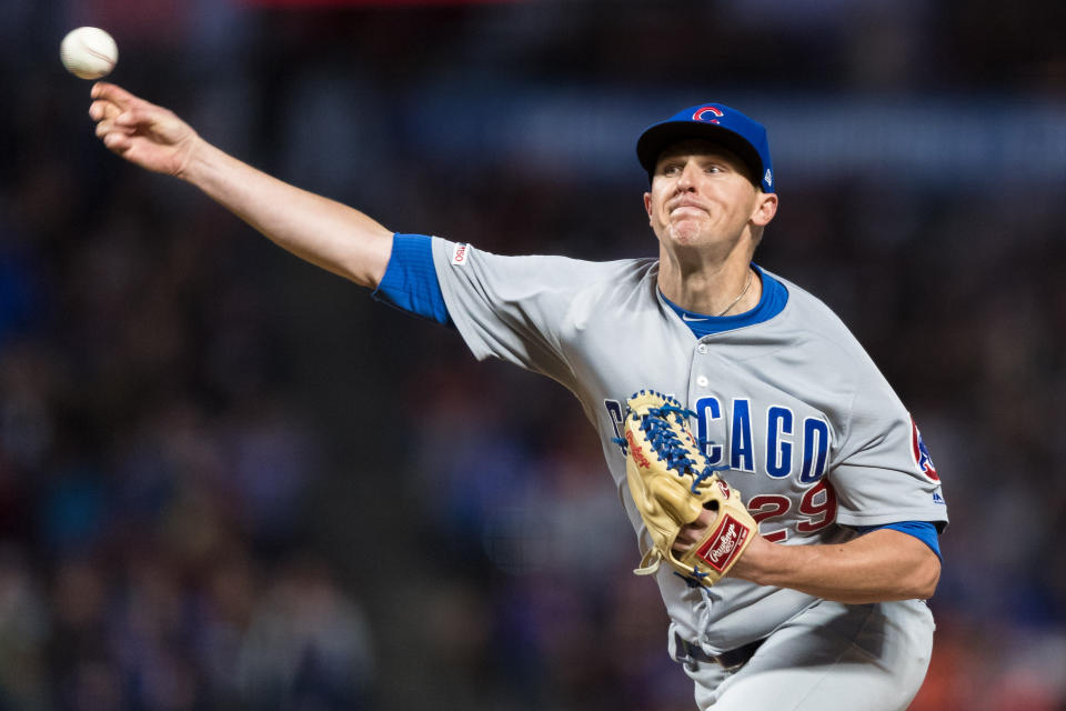 Jul 22, 2019; San Francisco, CA, USA;Chicago Cubs relief pitcher Brad Brach (29) throws against the San Francisco Giants  in the sixth inning at Oracle Park. Mandatory Credit: John Hefti-USA TODAY Sports