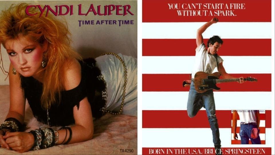 Cyndi Lauper "Time after Time" single cover, and promo art for Bruce Springsteen's "Born in the U.S.A."