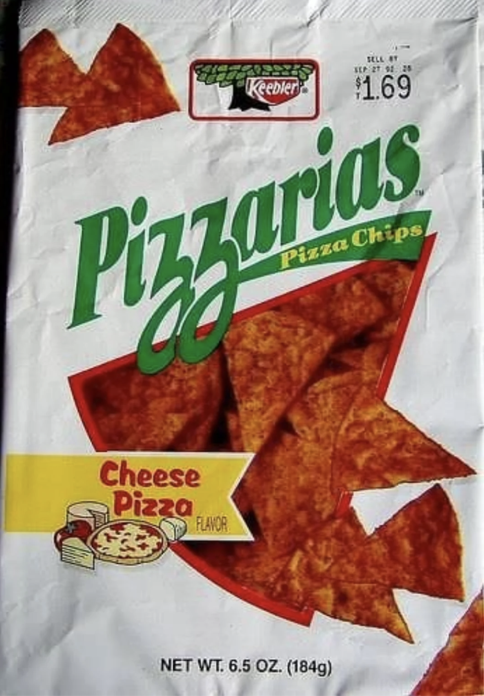 Pizzarias Cheese Pizza flavored chips by Keebler, net weight 6.5 oz, price $1.69