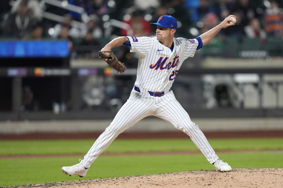 New York Mets' Brooks Raley pitches during the eighth inning of a baseball game against the Detroit Tigers Monday, April 1, 2024, in New York. (AP Photo/Frank Franklin II)