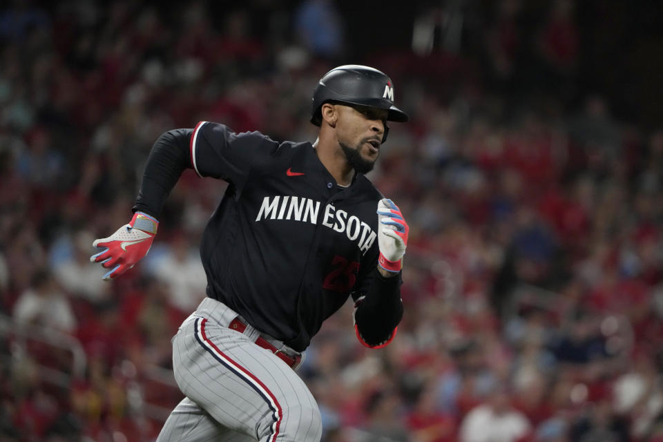 Minnesota Twins' Byron Buxton doubles during the eighth inning of a baseball game against the St. Louis Cardinals Tuesday, Aug. 1, 2023, in St. Louis. (AP Photo/Jeff Roberson)