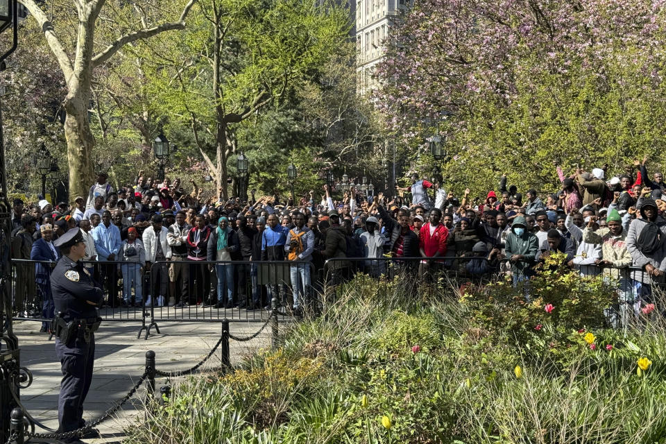 Immigrants rally at City Hall Park outside City Hall in New York on Tuesday, April 16, 2024. Over 1,500 Black immigrants turned out across from City Hall during a hearing about racial inequities in the city's shelter and immigrant support systems. (AP Photo/Cedar Attanasio)