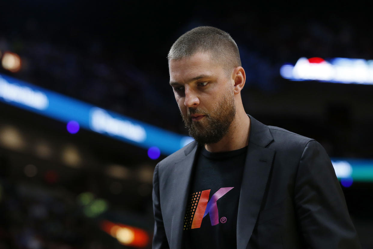 MIAMI, FLORIDA - OCTOBER 29:  Chandler Parsons #31 of the Atlanta Hawks looks on against the Miami Heat during the first half at American Airlines Arena on October 29, 2019 in Miami, Florida. NOTE TO USER: User expressly acknowledges and agrees that, by downloading and/or using this photograph, user is consenting to the terms and conditions of the Getty Images License Agreement. (Photo by Michael Reaves/Getty Images)