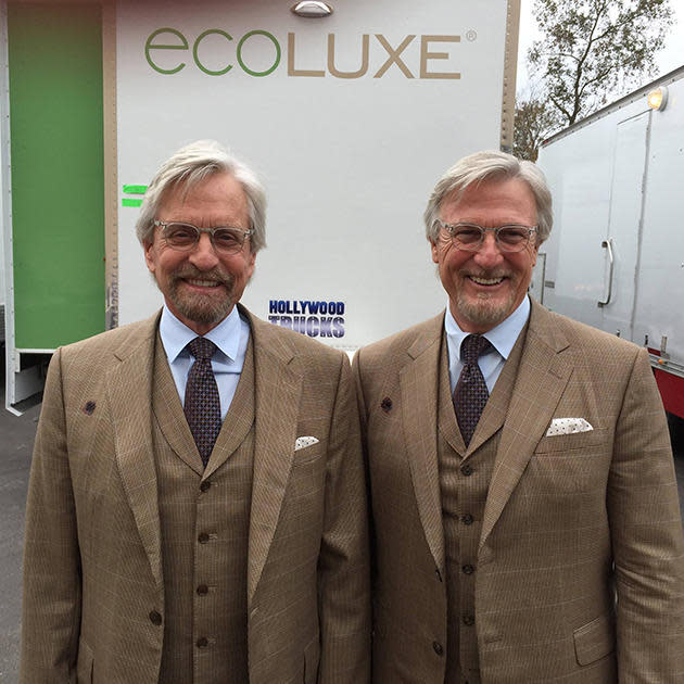 michael douglas and mike runyard on ant-man set.