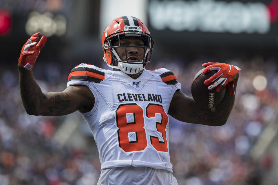 Ricky Seals-Jones #83 of the Cleveland Browns celebrates after catching a pass for a touchdown during the first half against the Baltimore Ravens at M&T Bank Stadium on September 29, 2019 in Baltimore, Maryland