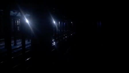 Tracks at the 66th Street station seen during a blackout caused by widespread power outages, in this still frame taken from video, in the Manhattan borough of New York City