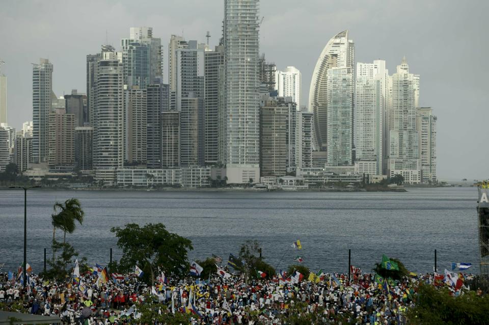 Pilgrims attend the opening ceremony and mass of World Youth Day Panama 2019, in Panama City, Tuesday, Jan. 22, 2019. Pope Francis will visit Panama on Jan. 23-27.(AP Photo/Arnulfo Franco)